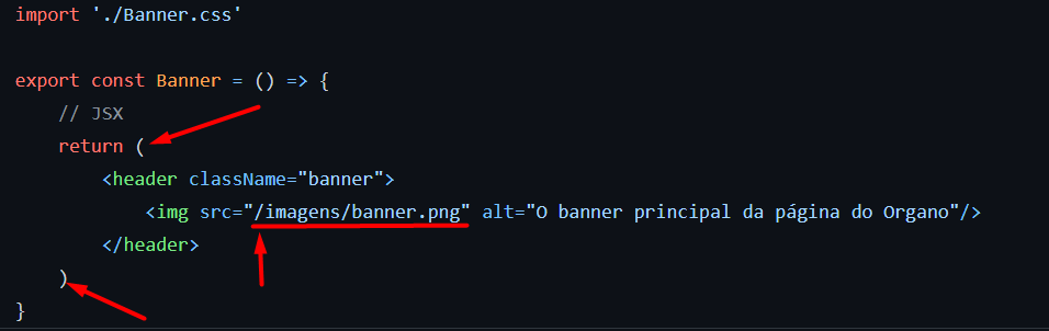 Tela do Visual Studio Code com um exemplo de componente Banner.js