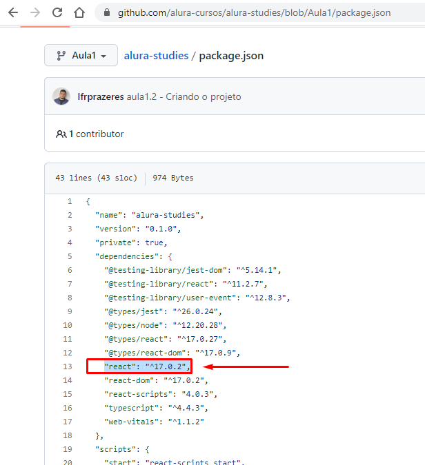 Identificação da versão do React utilizada no curso