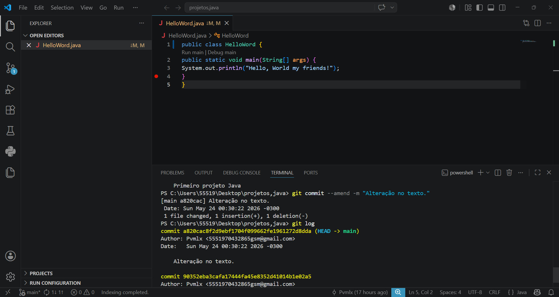 Primeiro usei o git log para ver meus últimos commits nesse projeto