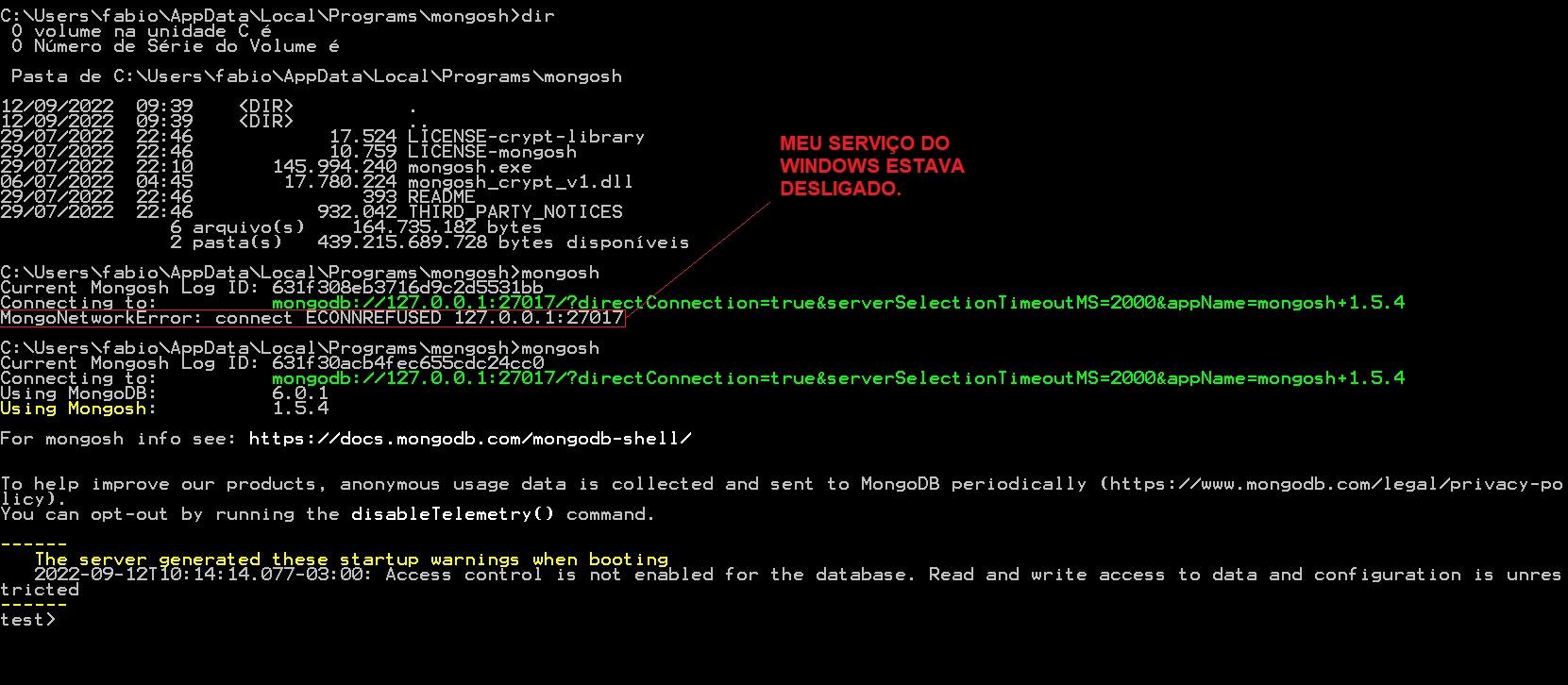 Caminho no Prompt de Comando do MongoDB Shell