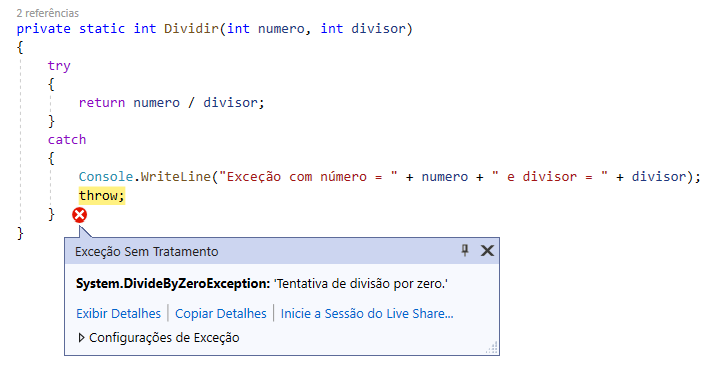 System.DivideByZeroException: 'Tentativa de divisão por zero.'