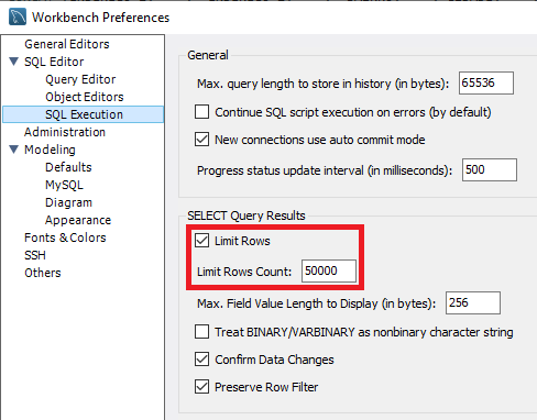 Workbench Preferences - SQL Editor - SQL Execution