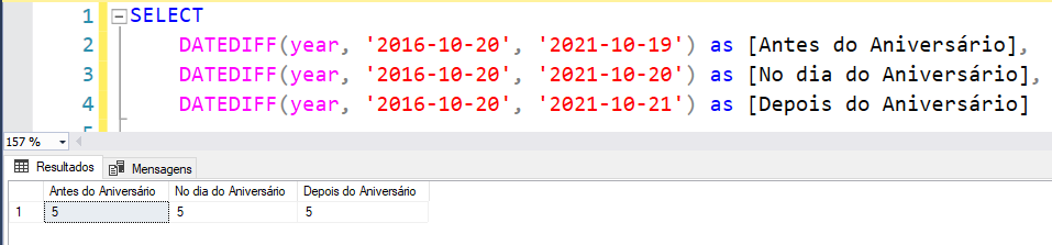 Usando o DATEDIFF a variação de dias é desconsiderada