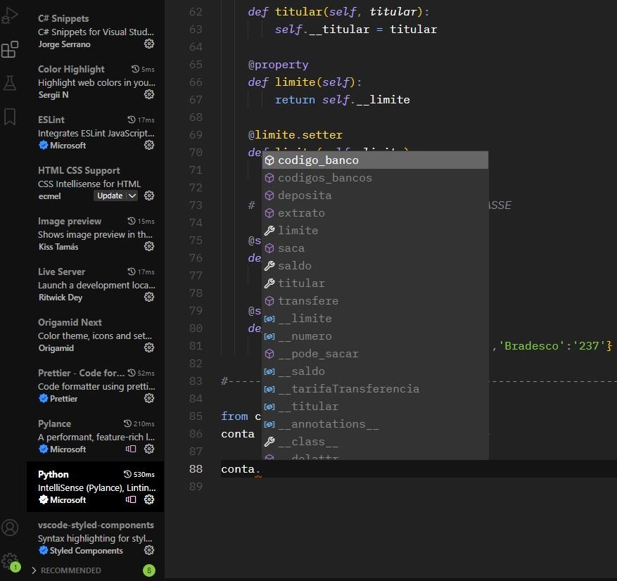 Tela do VS Code com código Python