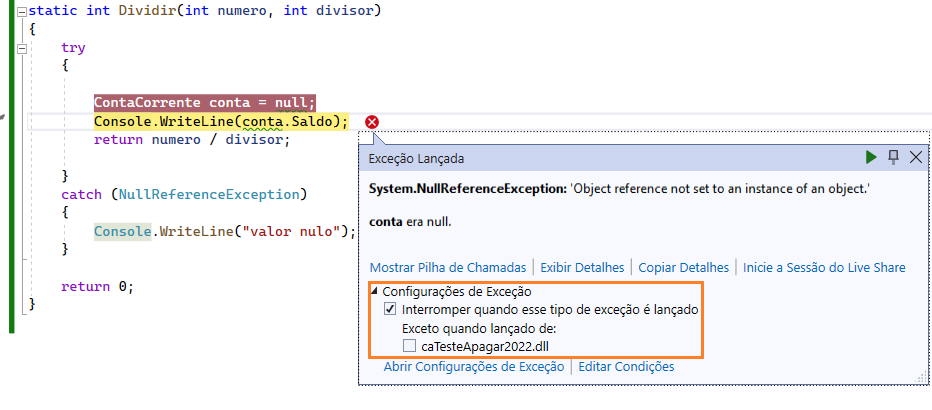 Configurações de Exceção