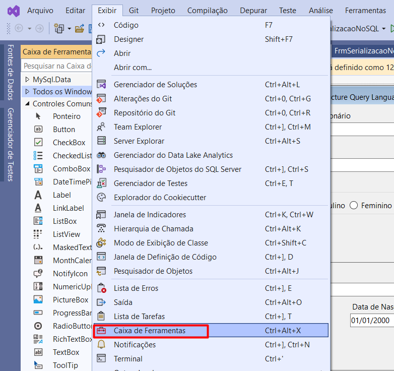 Exibir / Caixa Ferramentas Ctrl+Alt+X