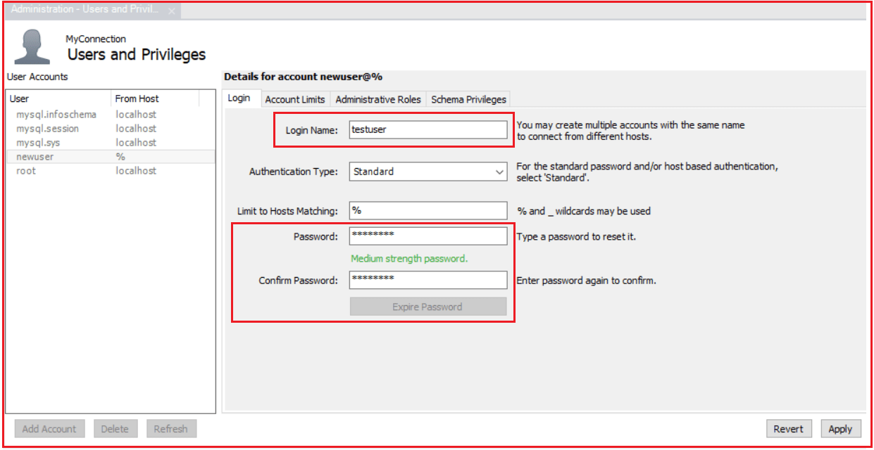 Create a new user using MySQL Workbench - PASSWORD