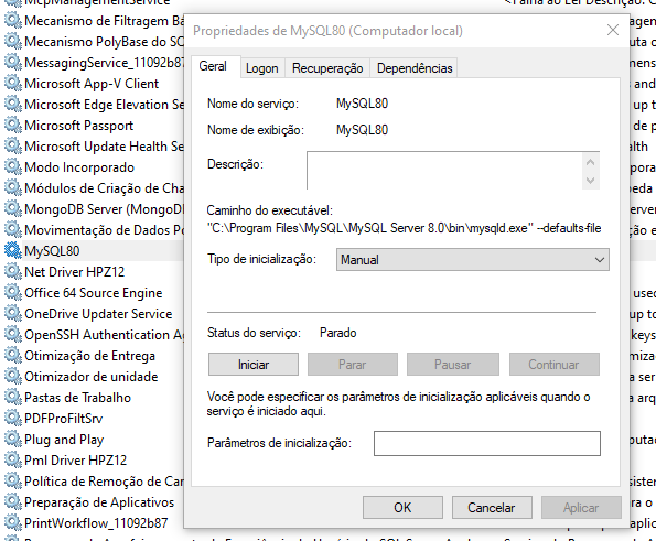 Propriedades de MySQL80