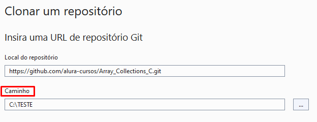 Caminho do Repositório na áquina Local