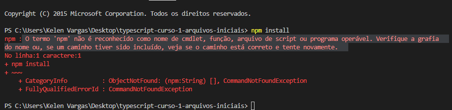 erro npm instal, o termo não é reconhecido