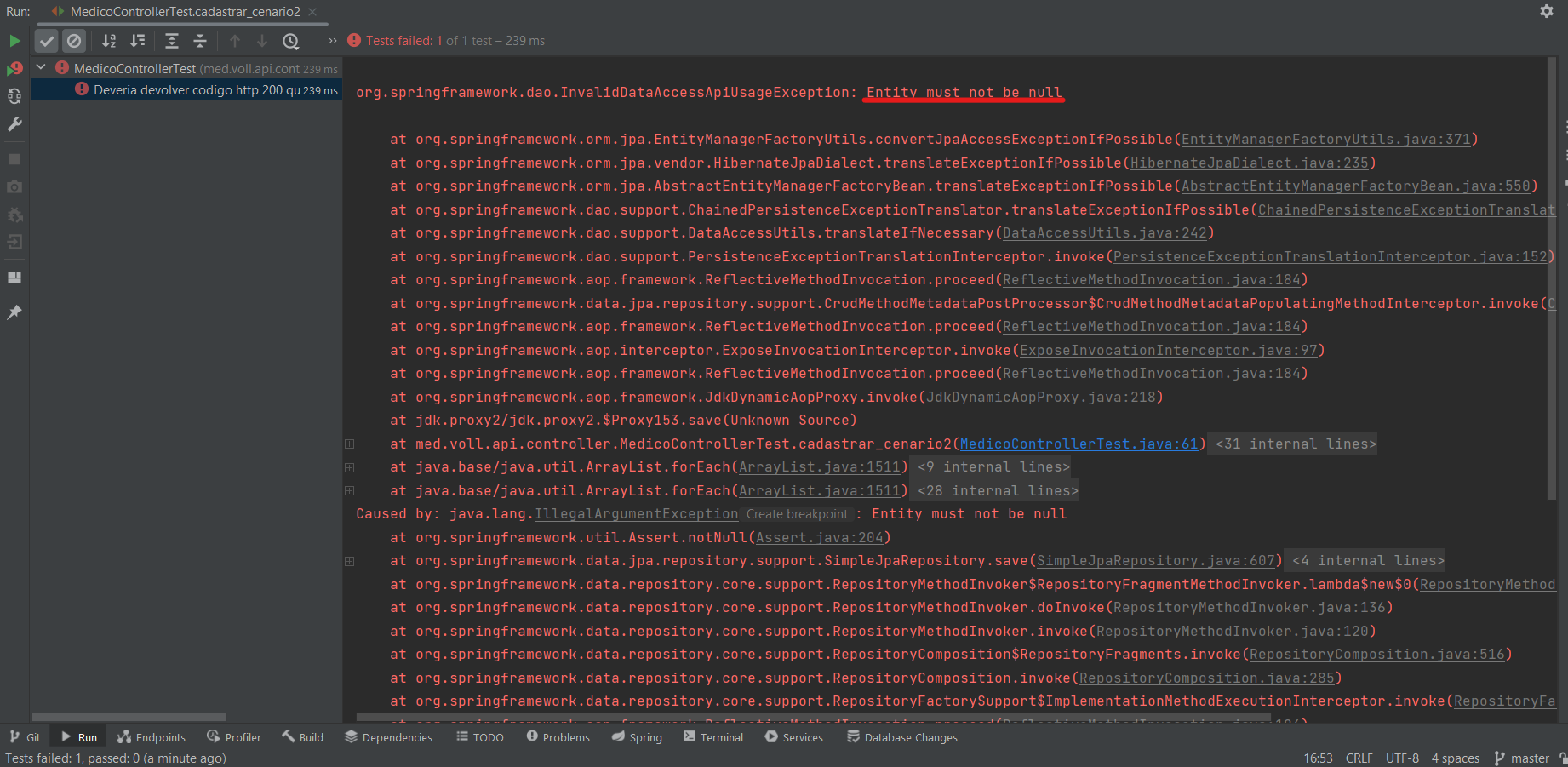 erro ENTITY MUST NOT BE NULL no terminal da IDE