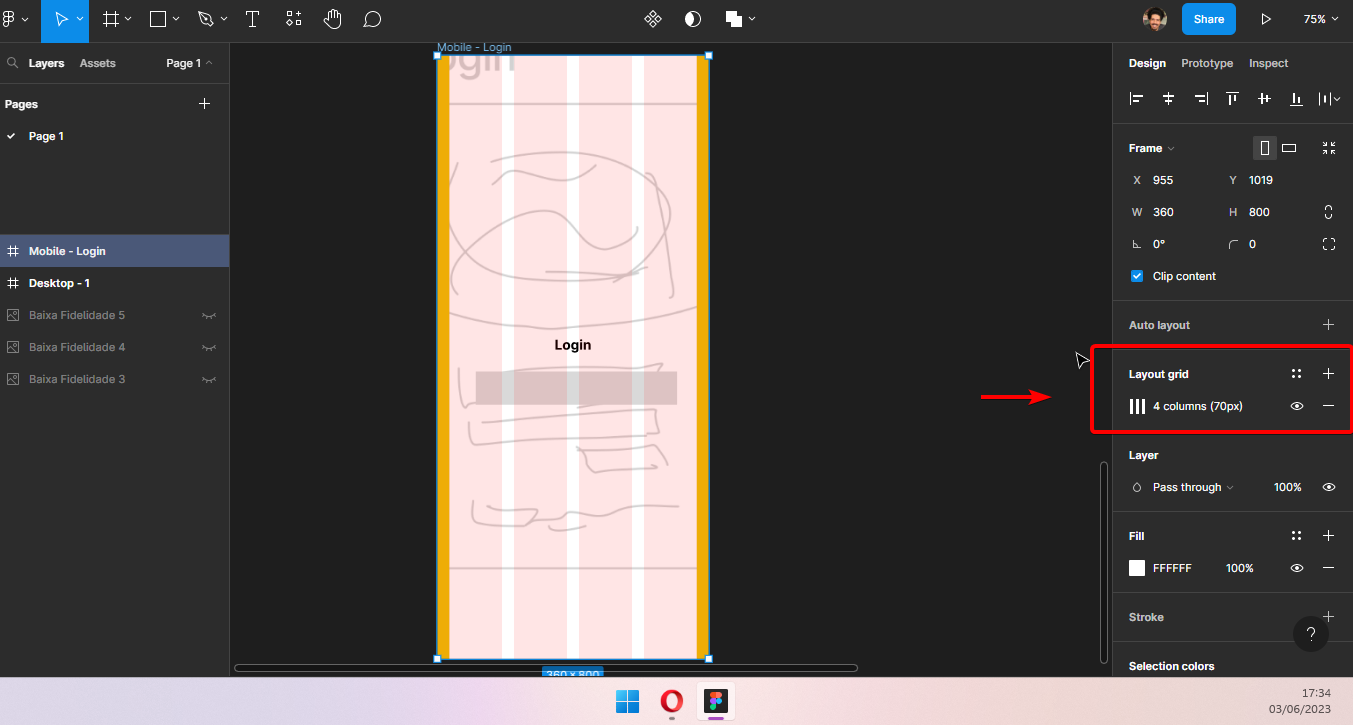 Print da tela do Figma. Na imagem está destacado com um quadrado transparente e de bordas na cor vermelha, o campo "Layout Grid", ferramenta disponível no Figma para a criação de grids. Ainda tem uma seta vermelha apontando para o quadrado