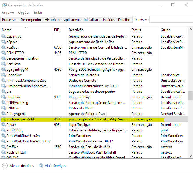 Processo Postgres no Windows