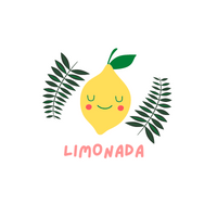 ilustração de um limão com rostinho, de olhos fechados e bochechas coradas, com a palavra Limonada escrita embaixo e ramos de plantas em volta do limão.