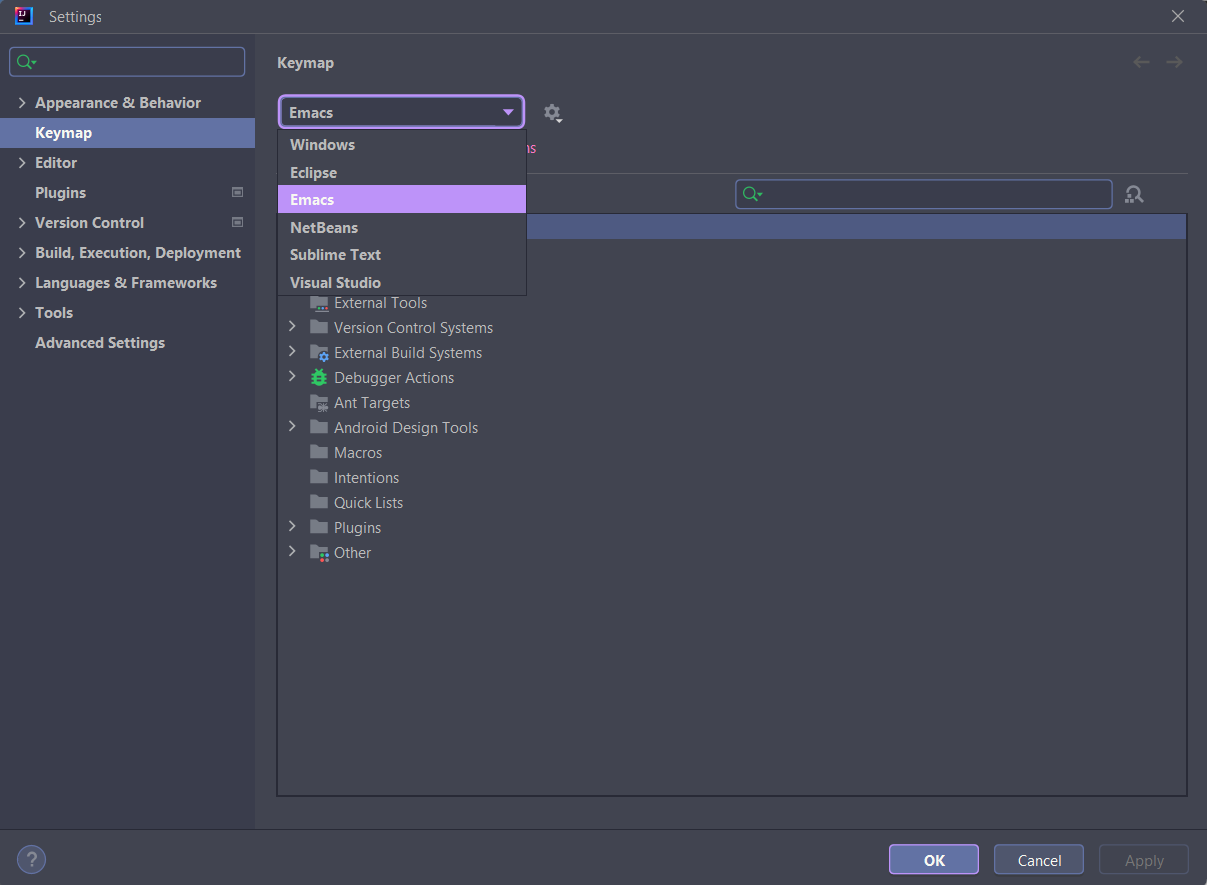 Screenshot da configuração da IDE Intellij no tópico keymaps, mostrando as opções Windows, Eclipse, Emacs, NetBeans, Sublime Text e Visual Studio Code