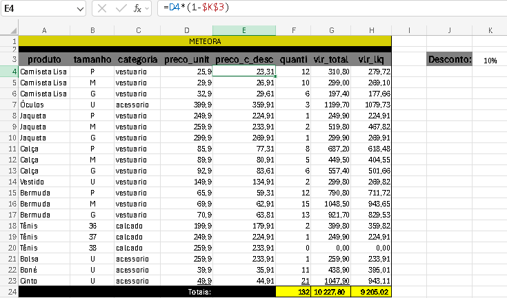 Planilha com desconto de 10% sobre o preço inicial