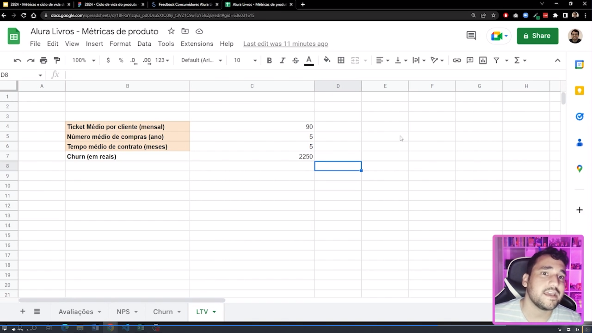 captura de tela da aula 6 mostrando a planilha no Google Sheets