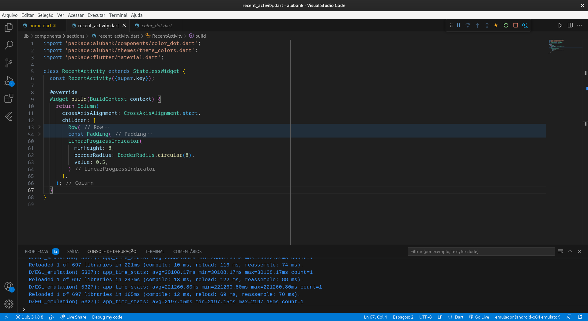 Print da tela do Visual Studio Code demostrando a nova atualização do LinearProgressIndicator 