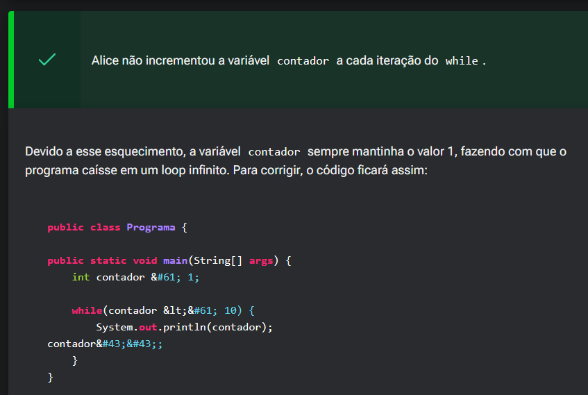 Captura de tela de uma questão do curso de Java da plataforma Alura sobre loop while.