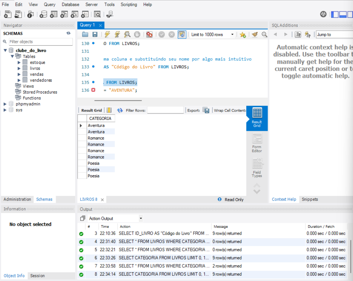 Uma captura de tela do software MySQL Workbench, que mostra o resultado de uma query sobre a categoria dos livros cadastrados na base de dados