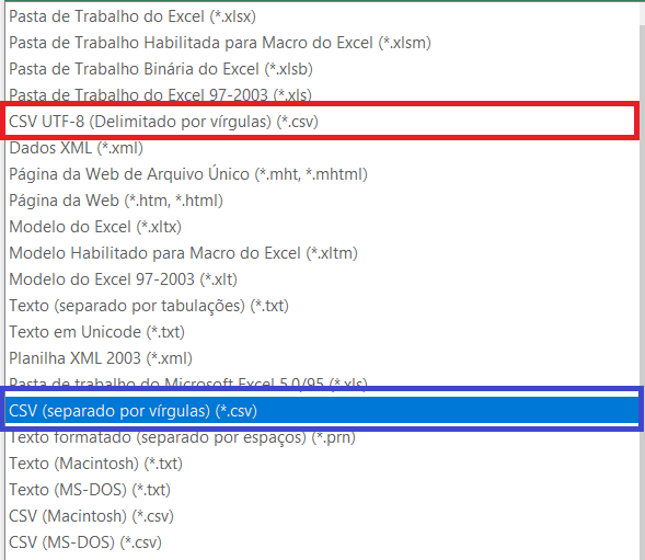 formatos de arquivos disponíveis para salvar no excel, a opção CSV UFT-8 está marcada de vermelho e o formato CSV está marcado em azul 