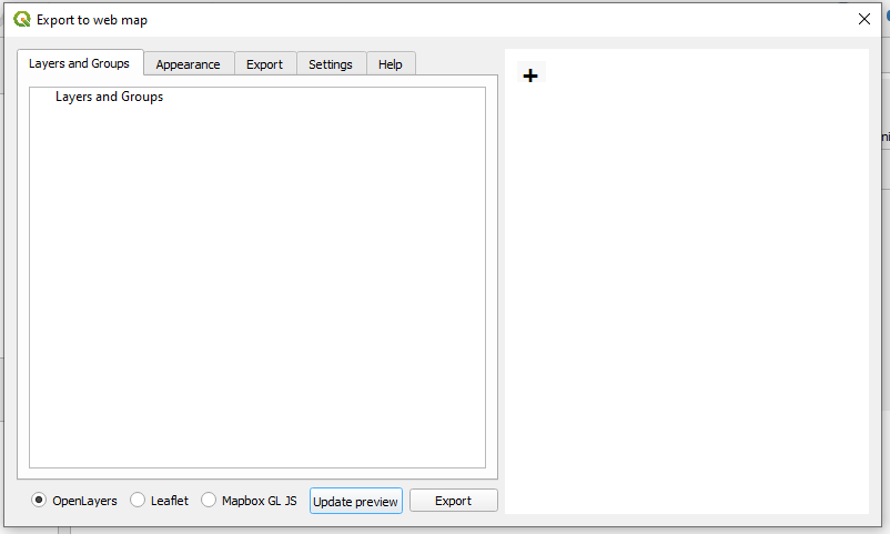 print de tela do QGIS para configurar a publicação do mapa na web