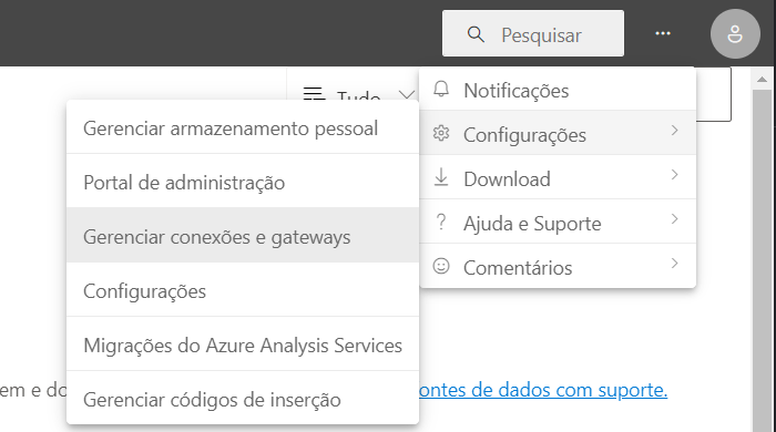 print de tela do powerbi.com a opção configurações selecionada e com o menu suspenso saindo dela onde a opção "gerenciar conexões e gateways" está marcada.