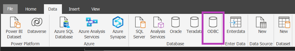 print do menu superior do report builder powe bi, com a guia DATA selecionada e aopção ODBC circulada em roxo.