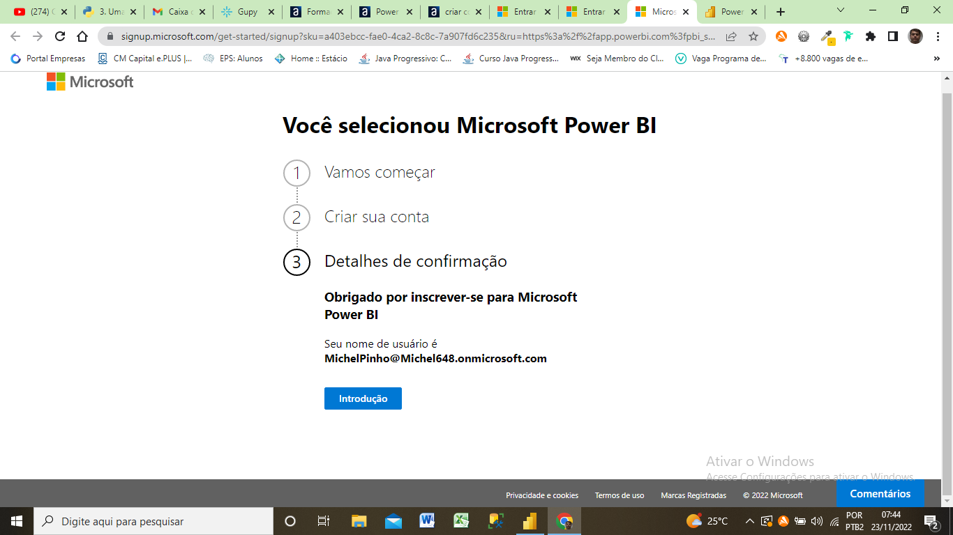 Depois de escolher o Power BI aparecerá a confirmação abaixo