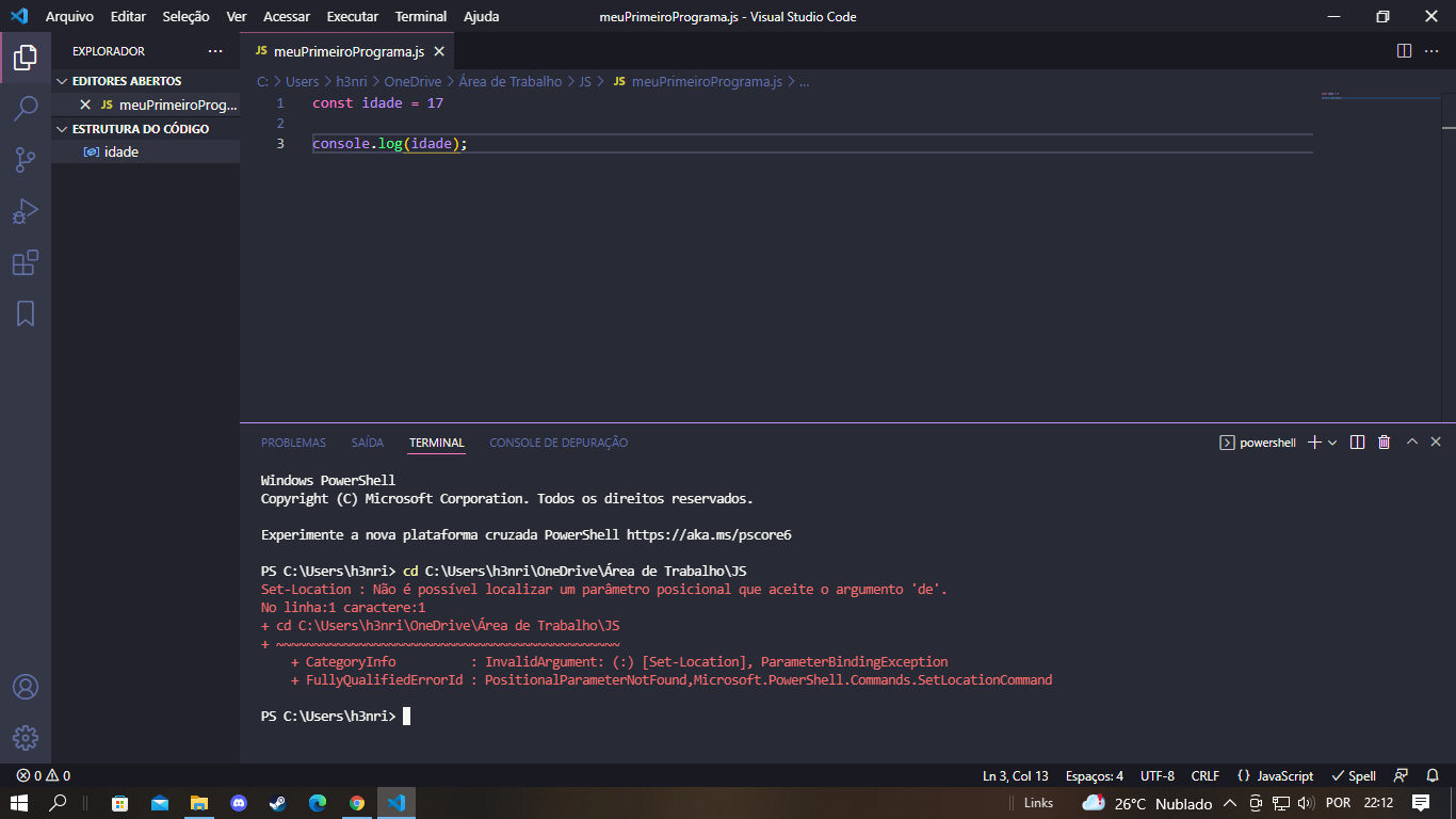 quando fui executar o cd no terminal do VScode com o node.js ja instalado deu esse erro de localização Set-location alguém sabe o que fazer