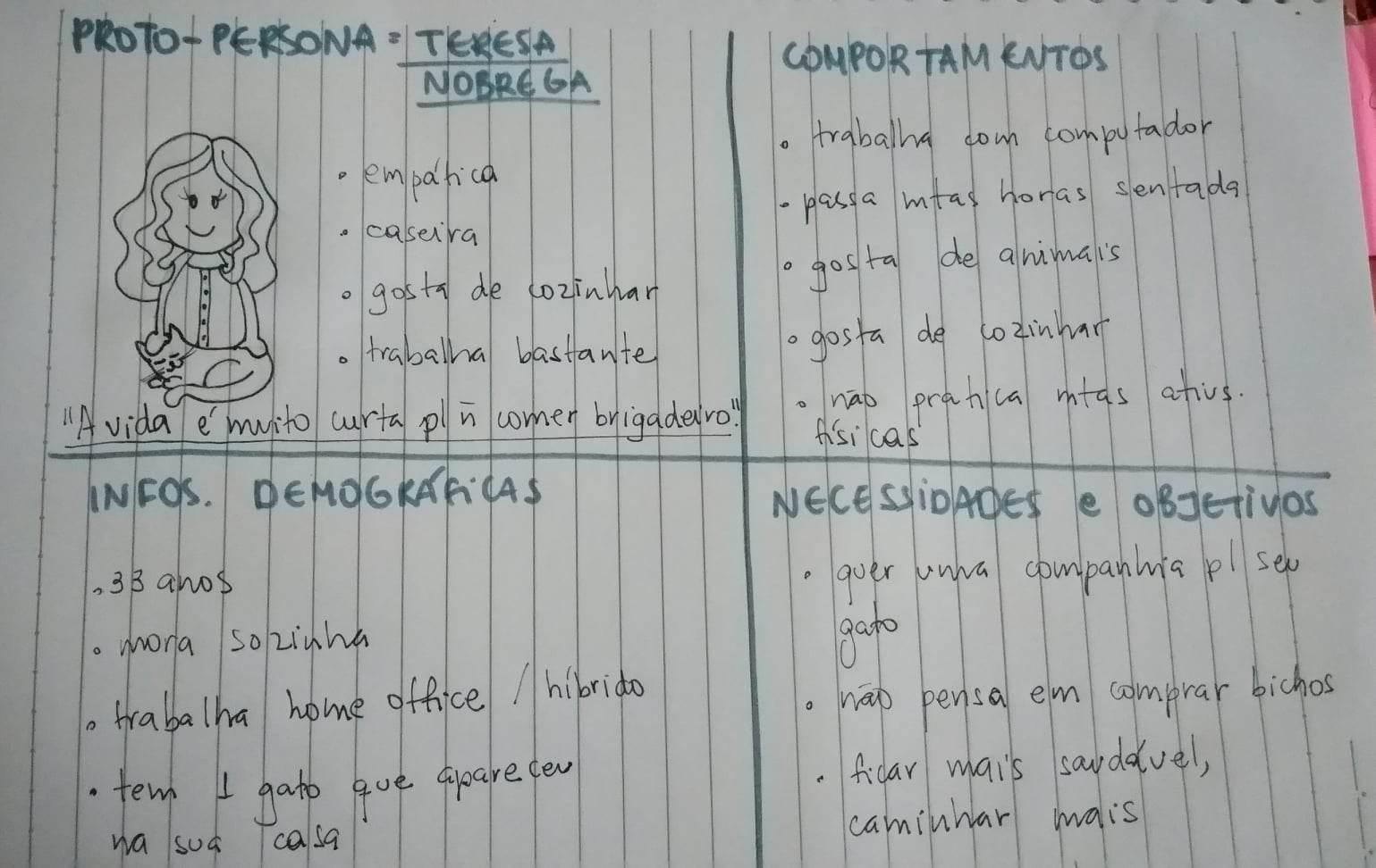 Folha de sulfite com pautas dividida por 4 linhas com as informações da Proto-persona Teresa Nobrega