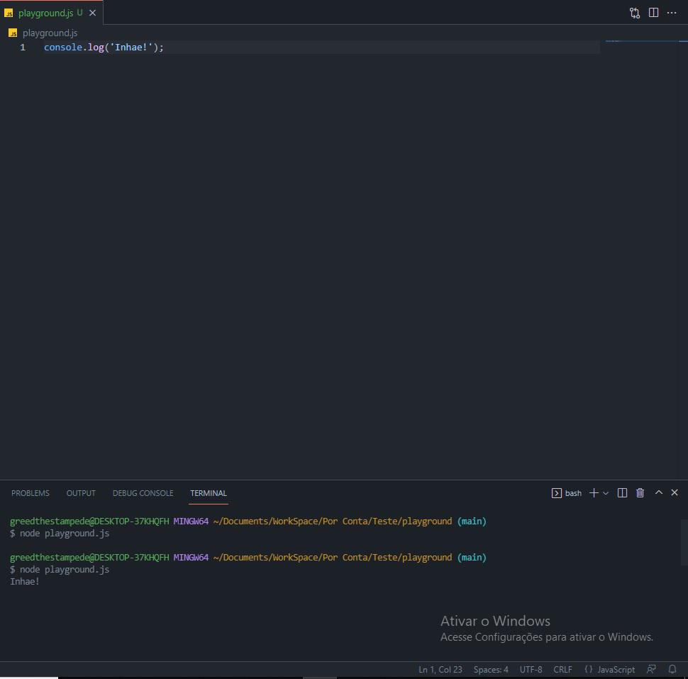 VSCode com javascript com um console.log com o terminal git executando o código