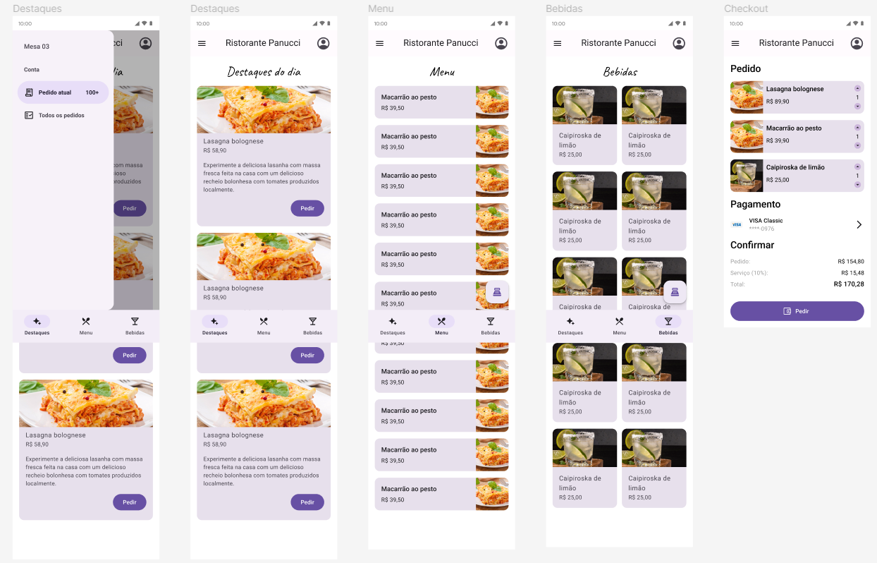 Figma do projeto. Nele há o protótipo de 5 telas. Na primeira tela mostra um menu lateral sobreposto à tela do fundo. Na segunda tela temos o protótipo anterior com o menu fechado. No topo dela está a app bar com o ícone do menu, o texto "Ristorante Panucci" e o ícone do perfil. Em seguida há a seção dos "Destaques do dia" com três cartões quadrados grandes com a foto e as informações do prato. No meio do segundo cartão está a representação da bottom navigation bar com três ícones: o de "destaques", o "menu" e o "bebidas. O "Destaques" está selecionado. A terceira tela, abaixo da app bar tem uma lista com cartões menores, no formato de retângulos horizontais contendo menos informações do prato. Dessa forma cabem mais cartões listados na tela. No que será o canto inferior direito da tela, logo acima da navigation bar, tem um botão flutuante. Na navigation bar está selecionado o ícone "Menu". Na quarta tela estão as opções de bebidas em cartões quadrados pequenos, formando duas colunas. Ela também tem o botão flutuante no canto inferior direito e o ícone de "Bebidas" está selecionado na navigation bar. A quinta e última tela é a de checkout. Nela, abaixo da app bar tem a seção "Pedido", com cartões parecidos com os da seção de menu. A diferença é que na lateral direita tem a quantidade daquele item do cartão, que pode aumentar ou diminuir. Abaixo de "Pedido" tem seção "Pagamento", com as informações de pagamento, seguida da seção "Confirmar", com a revisão do pedido e, abaixo dela, o botão de "Pedir".