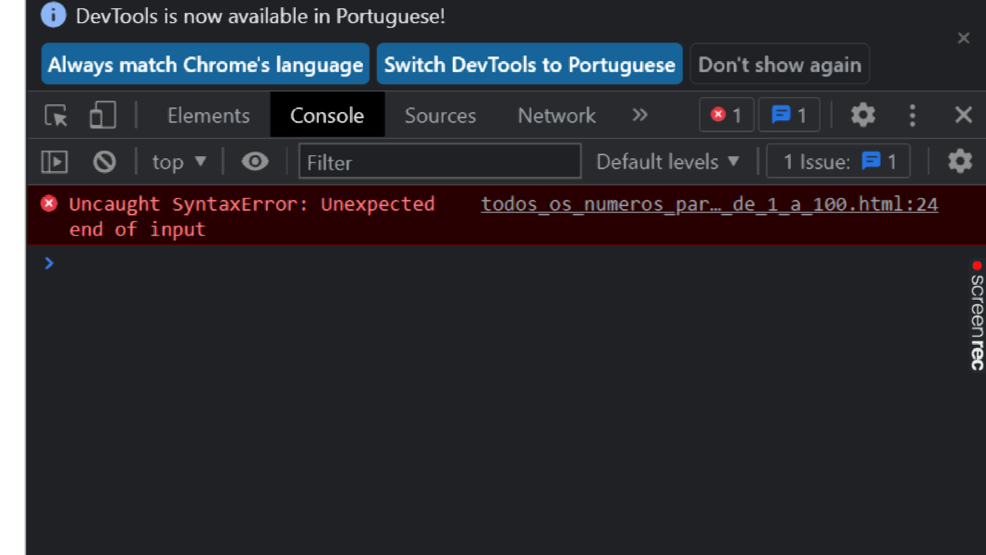 Print do console do chrome que aponta em que parte está o erro de síntaxe