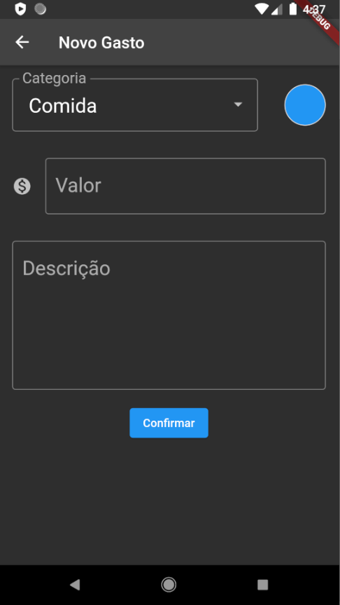 tela de gasto com a categoria comida selecionada