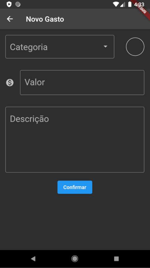 tela de gasto com nenhuma categoria selecionada