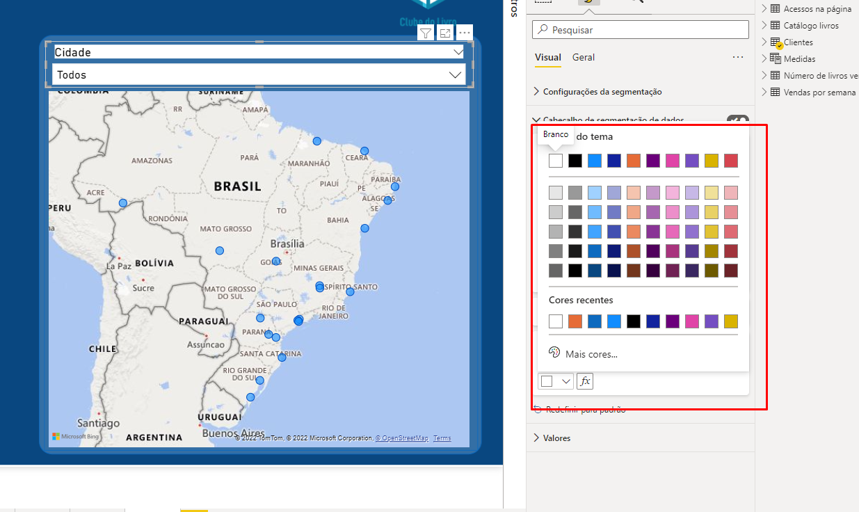 Opções de cores para a tela de fundo do cabeçalho, ausência de Transparência.