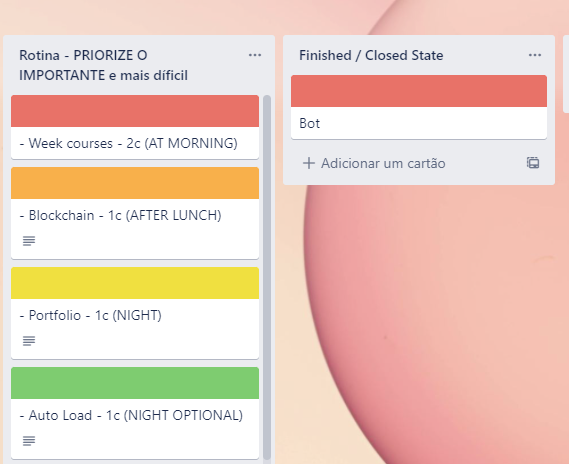 Demonstração da rotina, organizada em blocos por meio do Trello