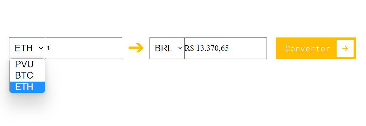 Captura de tela com uma aplicação de conversão de criptomoedas para real brasileiro