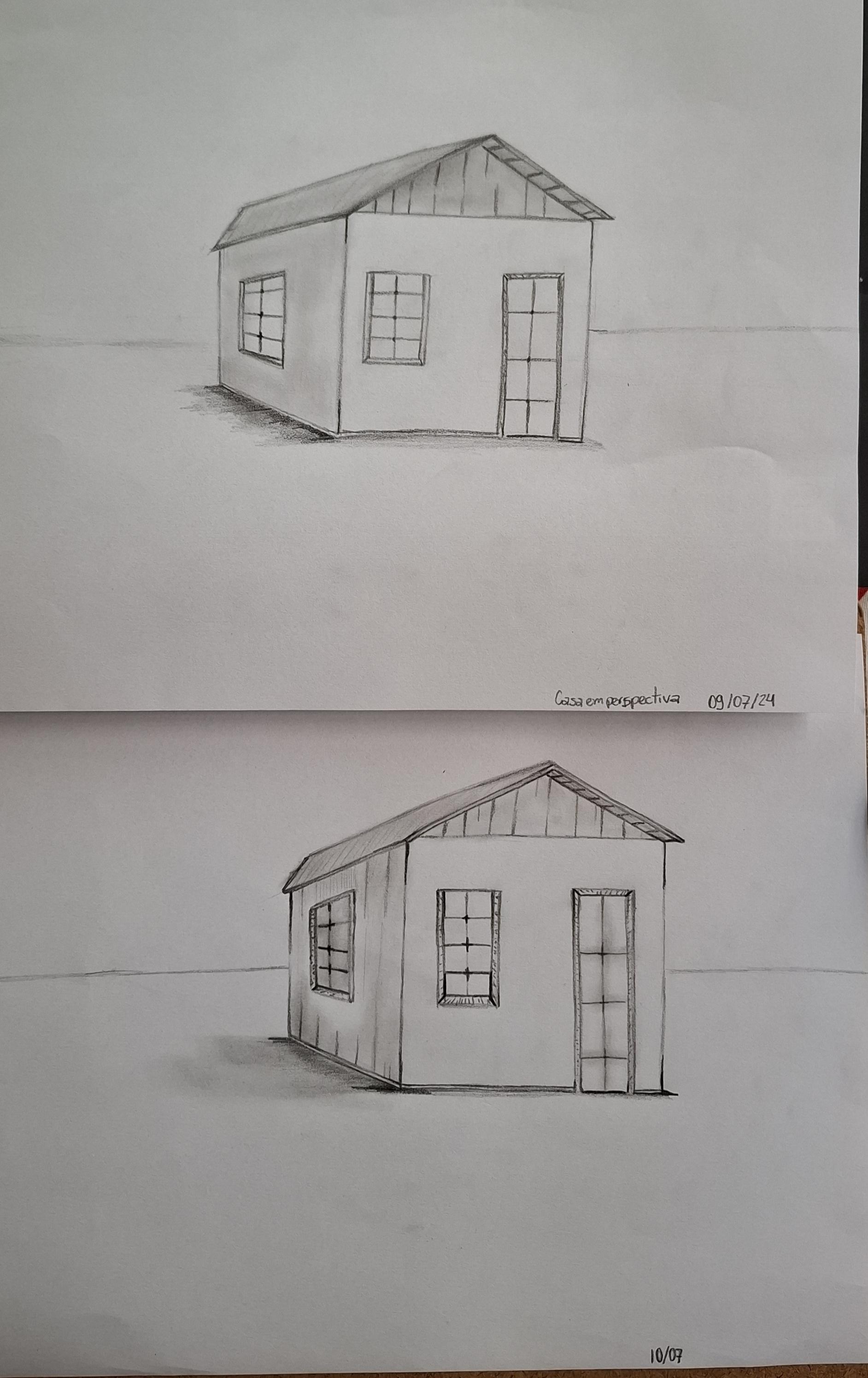 duas folhas com desenho de casa, uma casa simples feita no dia nove de julho e outro desenho da mesma casa com mais detalhes, feita no dia dez de julho