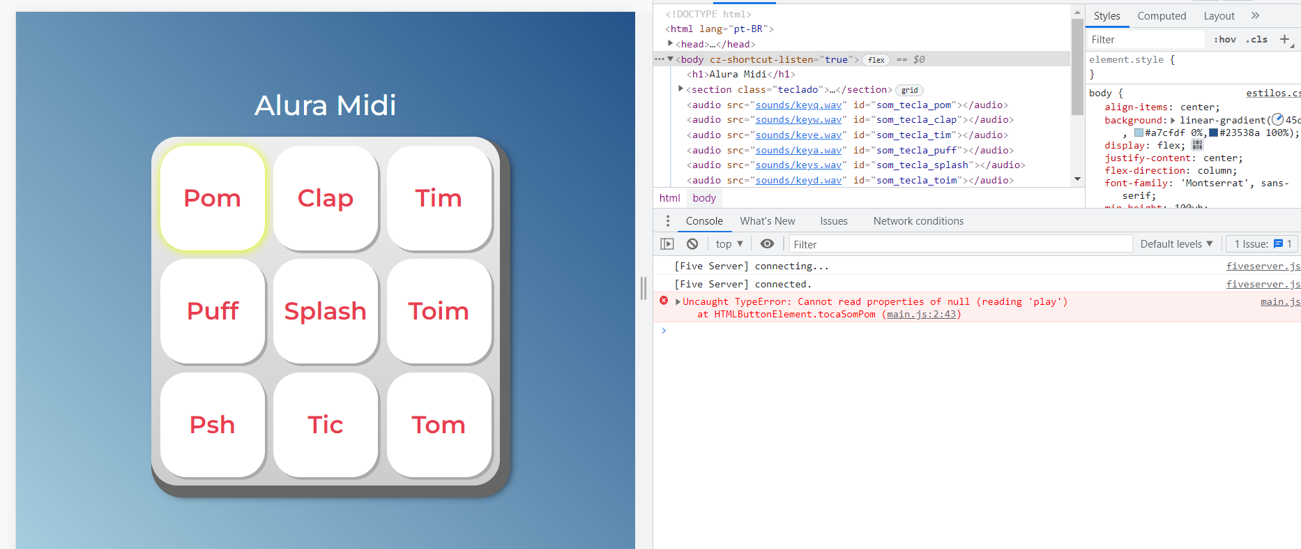 Erro Cannot read properties of null (reading 'play')