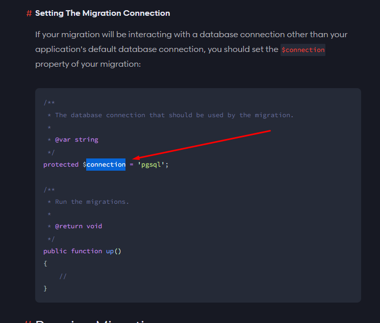 Documentação do Laravel sobre conexões na Migration