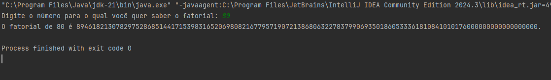 Resultado da compilação do código para calcular fatorial utilizando a classe BigInteger