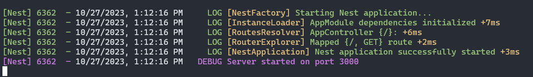 Print da tela do terminal exibindo os logs do nest.js contendo o log de debug Server started on port 3000