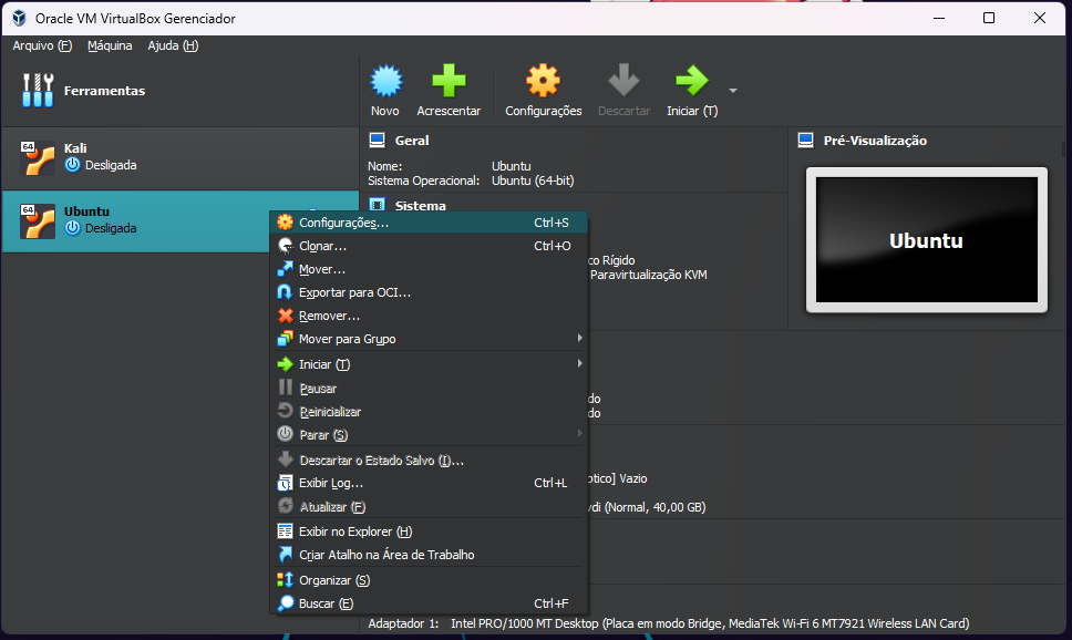 Clique com o botão direito na VM do Ubuntu e acesse 'Configurações