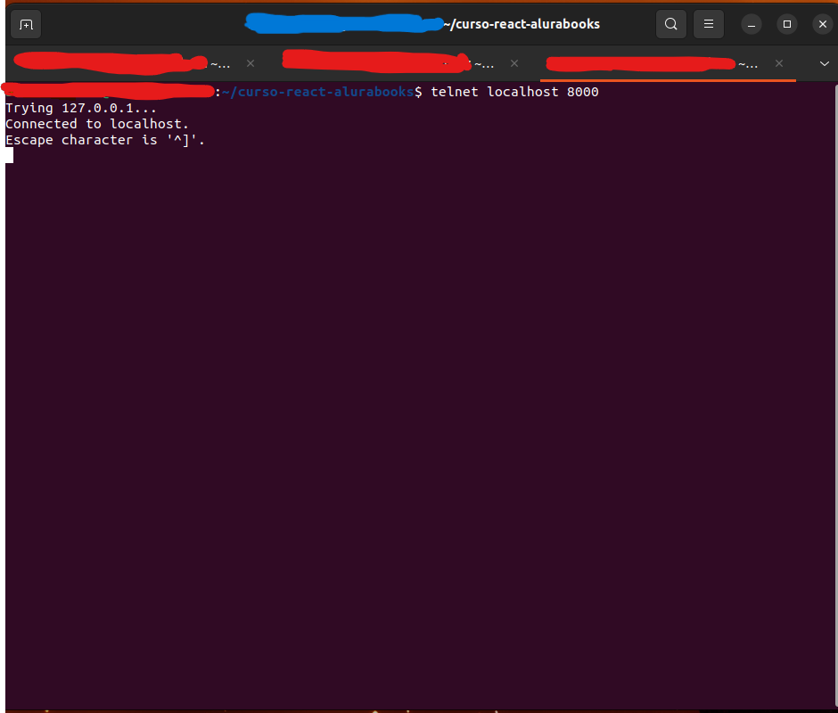 Após iniciar os serviços com npm, abra uma terceira aba no terminal do Ubuntu e digite: telnet localhost 8000