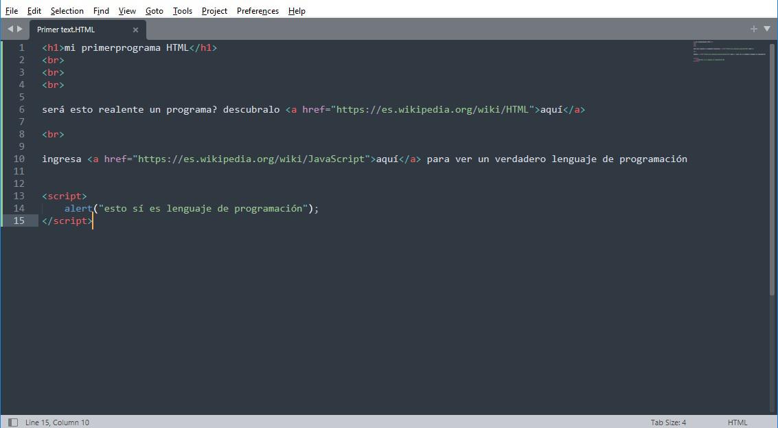 Mi primer código en el editor de texto Sublime