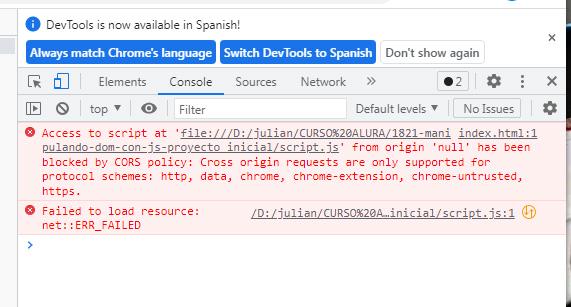 error que me figura cuando quiero ejecutar la página directo desde el chrome