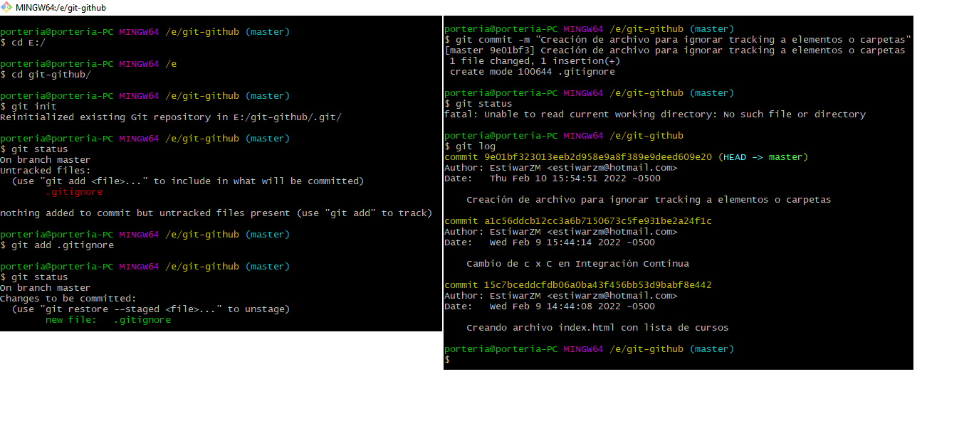 Reinicilización del repositorio y add .gitignore y git log