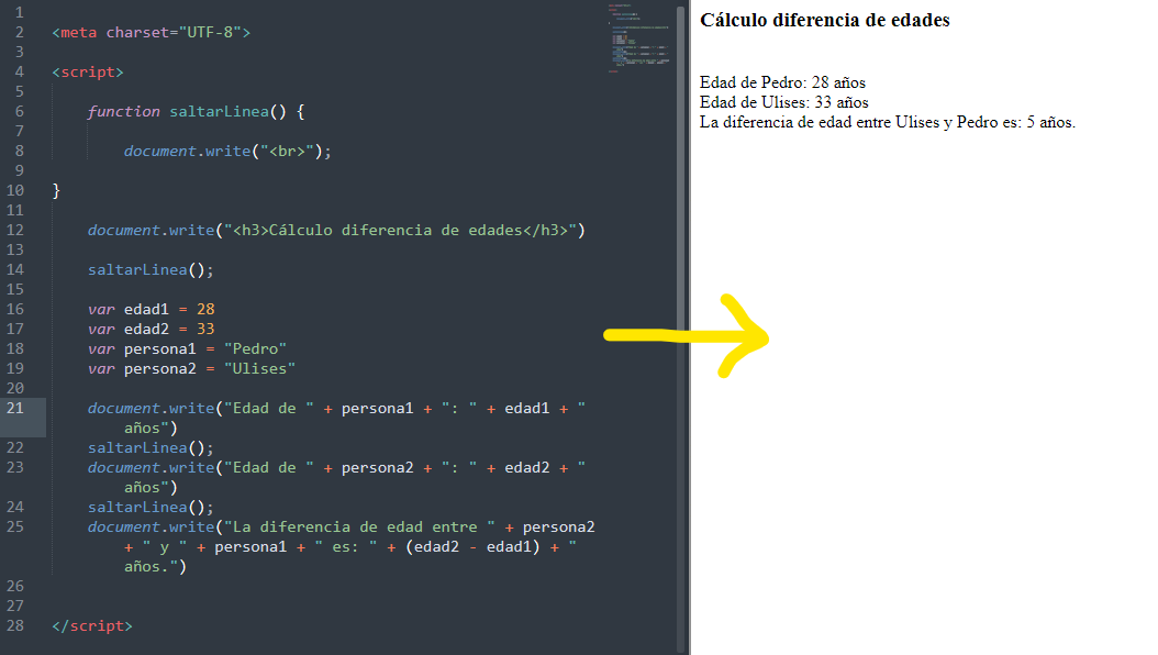 Código y resultado diferencia de edades